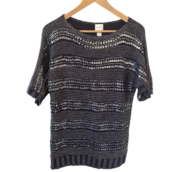Chico's Sweaters - Chicos Womens Sweater Size 1 Blue Striped Sequins Pullover Ethereal Fairy Goth